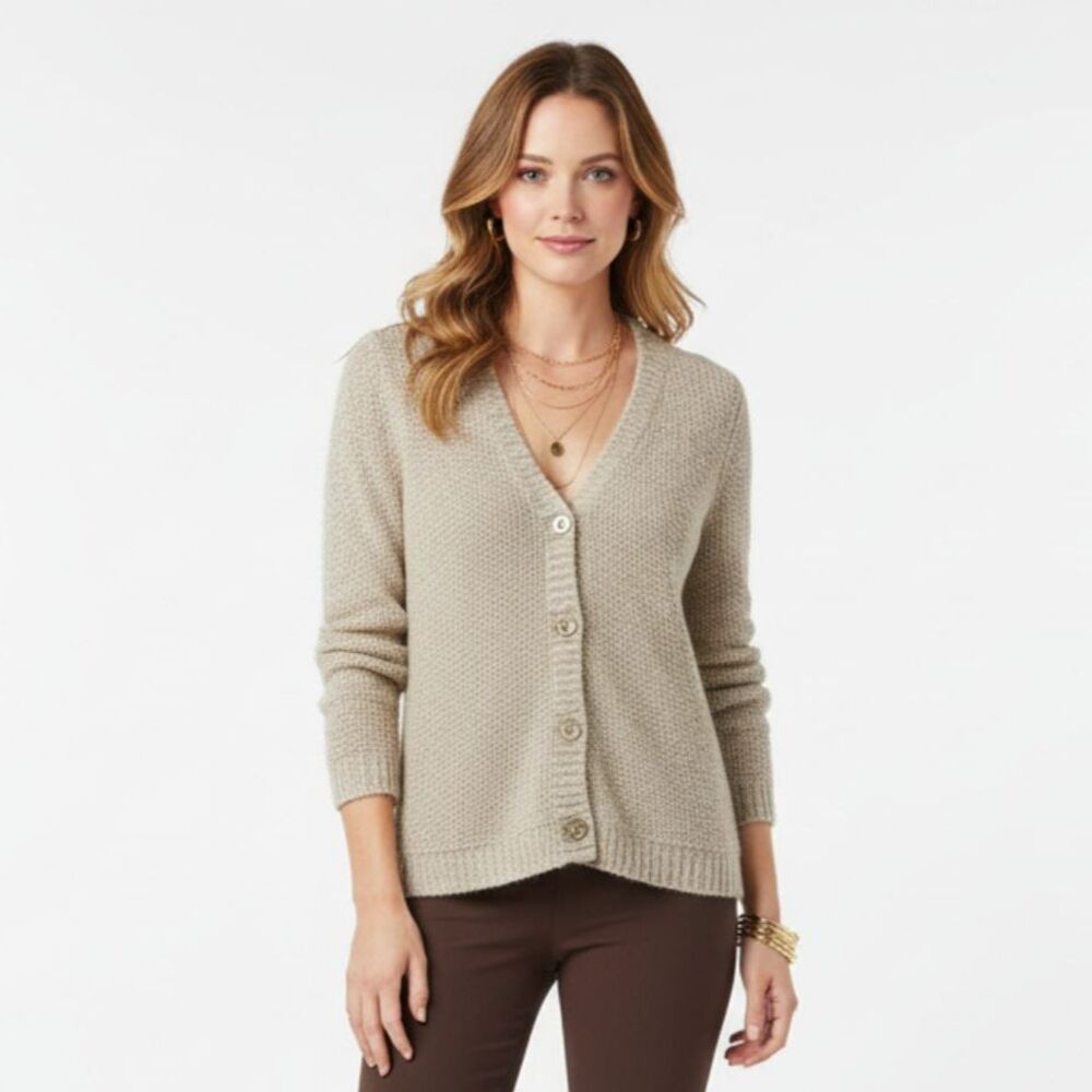Eileen Fisher Tan Knit Button Front Long Sleeve Cardigan Sweater L